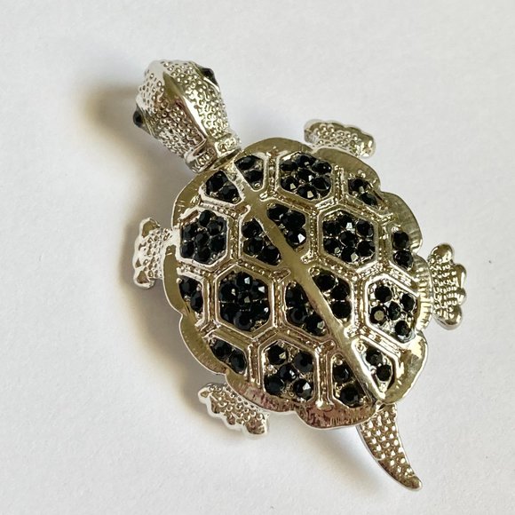 Crystal Sea Turtle Pendant Brooch Pin Necklace Silver Plated Black Cord 18" - Picture 6 of 12